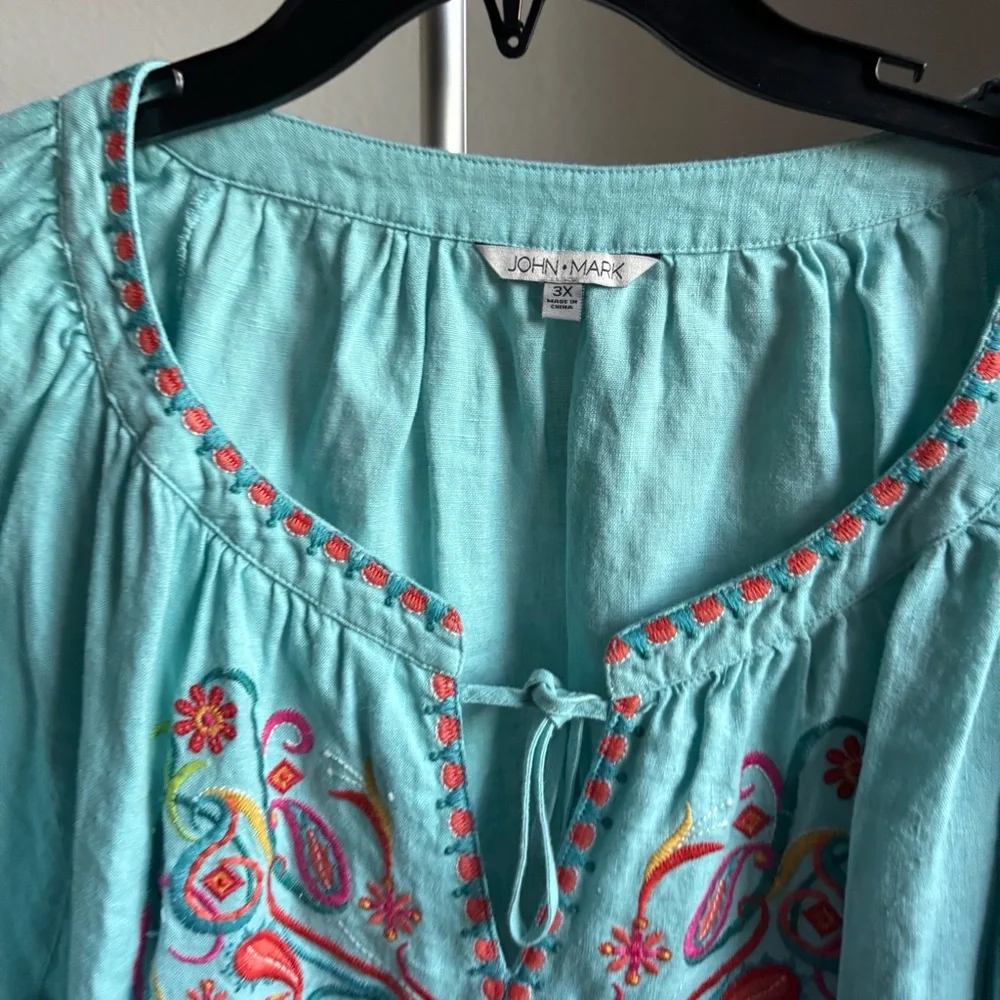 John Mark Turquoise Embroidered Peasant Top with Tassels - Picture 4 of 8